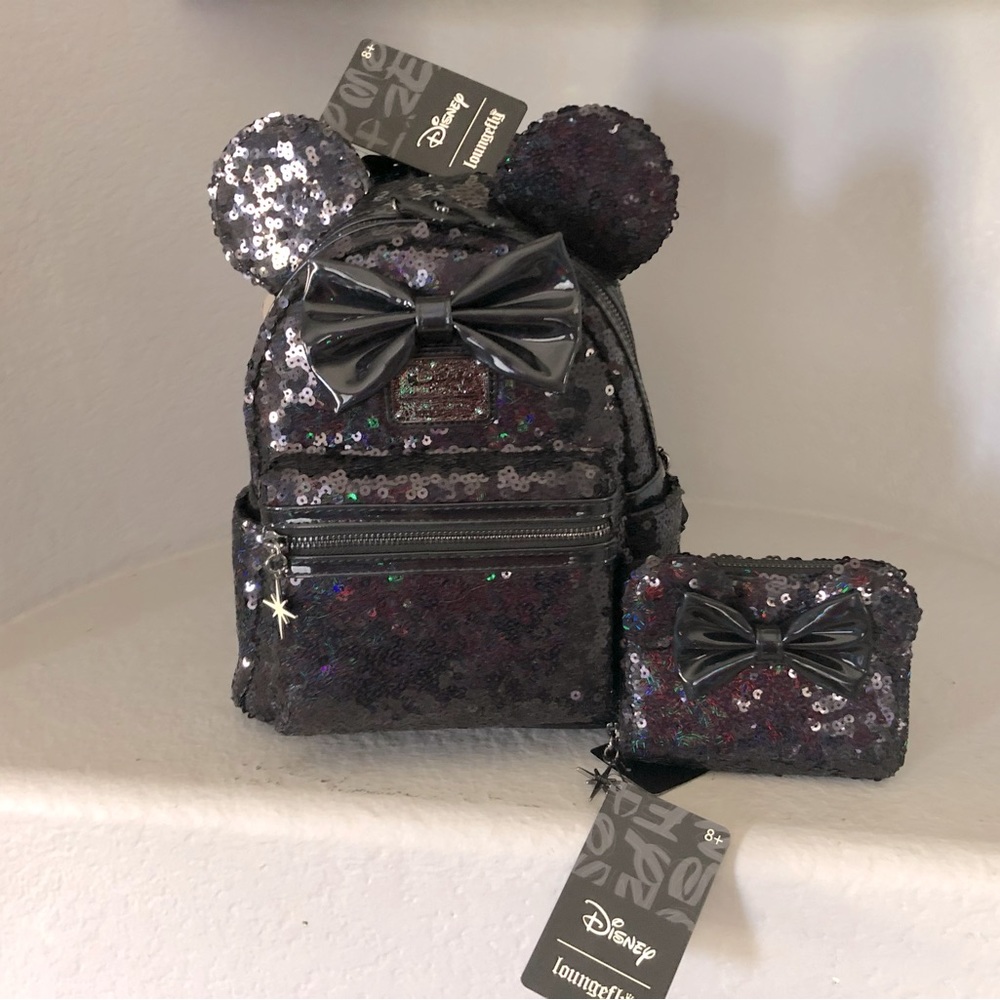 Loungefly X LASR Exclusive Disney Black Sequin Mini Backpack and matching wallet
